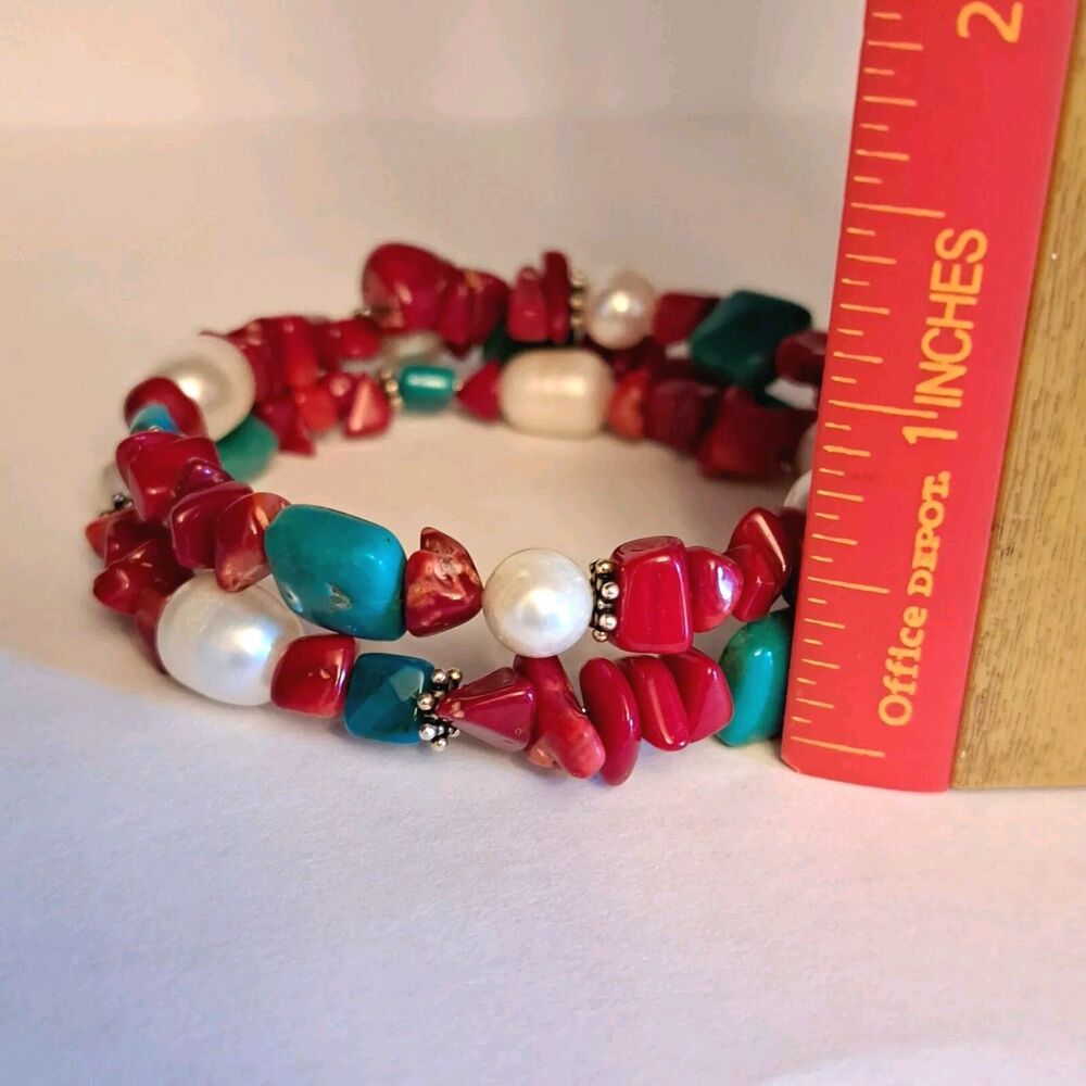 NEW Handmade Coral Turquoise Pearl Natural Gemstones Spring Style Bracelet - Picture 2 of 5